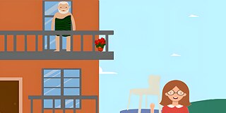 Die wahre Retterin © 2023 Goethe-Institut Ein Mann mit grauem Haar und Vollbart steht auf einem Balkon. Davor steht eine Frau mit Brille.