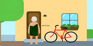 Die Nachbarn © 2023 Goethe-Institut Ein Mann mit grauem Haar steht vor einer geschlossenen Haustüre. Unter der Klingel steht der Name „Huber“. Ein rotes Fahrrad leht an der Wand.