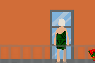 Balkontür auch zu © 2023 Goethe-Institut Die Zeichnung zeigt einem Mann mit grauem Haar und Vollbart. Er steht auf dem Balkon eines Hauses vor einer geschlossenen Fenstertüre.