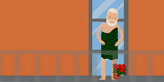 Autsch! © 2023 Goethe-Institut Die Zeichnung zeigt einem Mann mit grauem Haar und Vollbart. Er steht auf dem Balkon eines Hauses vor einer geschlossenen Fenstertüre. Ein Blumentopf fällt vom Balkon.