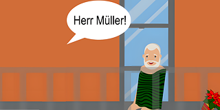 Die Retterin © 2023 Goethe-Institut Die Zeichnung zeigt einem Mann mit grauem Haar und Vollbart. Er sitzt auf dem Balkon eines Hauses und Tränen laufen über seine Wangen. Hinter ihm ist eine geschlossenen Fenstertüre. Ein Blumentopf ist umgekippt..
