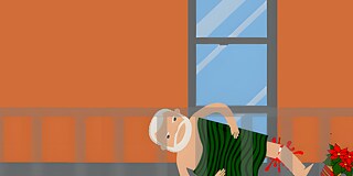 Bein gebrochen © 2023 Goethe-Institut Die Zeichnung zeigt einem Mann mit grauem Haar und Vollbart. Er liegt auf dem Balkon eines Hauses, sein Bein scheint verletzt. Hinter ihm ist eine geschlossenen Fenstertüre. Ein Blumentopf ist umgekippt..