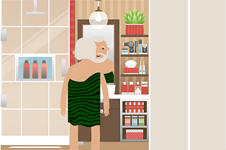 In der Wohnung © 2023 Goethe-Institut Die Zeichnung zeigt einen Mann mit grauem Haar und Vollbart. Ersteht im Badezimmer vor einem Spiegel und ist mit einem Badehandtuch umwickelt.