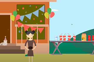 Zeichnung: Ein Hauseingang mit Luftballons geschmückt, daneben ein Tisch mit Getränken. Im Vordergrund eine Frau, auf der Treppe liegt eine Katze.