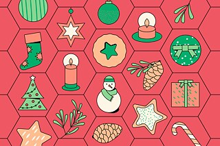 Illustration mit weihnachtlichen Symbolen in einem roten Wabenmuster: darunter Geschenke, Kerzen, Weihnachtsbaum, Schneemann, Tannenzapfen, Sternformen, Strümpfe und Zweige in Grün-, Rot- und Beigetönen.