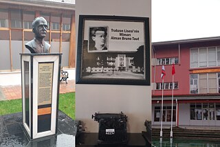 Die Collage zeigt eine Statue von Bruno Taut, ein Foto mit einem Bild von ihm und seinem Namen und einen Teil von einem Schulgebäude.