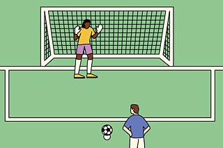 Ein Fußballfeld, vereinfacht grafisch dargestellt, mit weißen Linien und grünem Untergrund, ein Torwart im Tor und einen Spieler, der anstezt einen Elfmeter zu schießen.