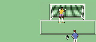 Illustration mit grünem Rasen, einem Torwart im Tor und eine Fußballspieler, der ansetzt einen Elfmeter zu schießen