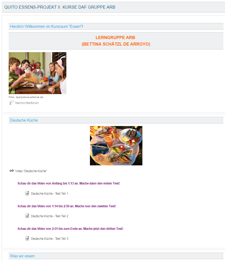 Die PASCH-net-Kursvorlage Essen und Trinken wurde hier für einen Kurs angepasst. Screenshot des PASCH-net-Kursraums von Bettina Schätzl..