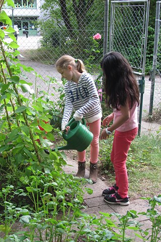 Kinder gießen Pflanzen