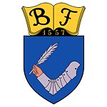 Logo mit blau und gelb und einer Hand, die mit einer Feder schreibt